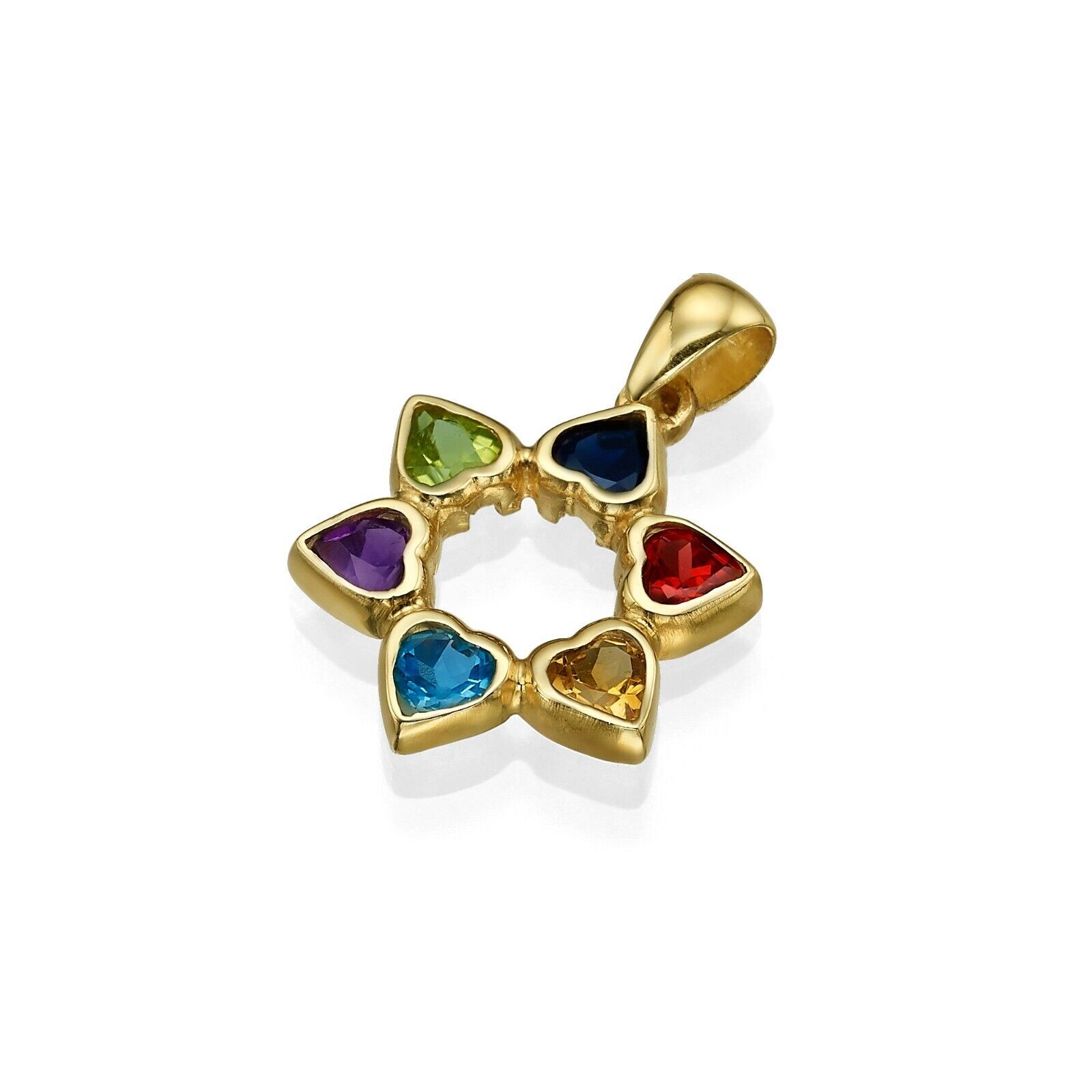 Support Israel Star of David Pendant 14k Yellow Gold Multi Color Heart Gemstones