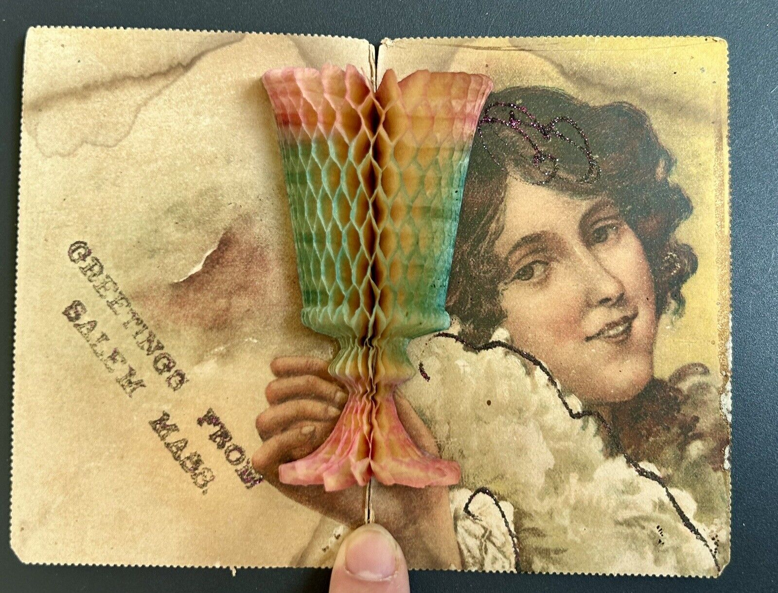 Vintage letter card. Woman with wine glass. Early 1900s greeting card. Salem MA