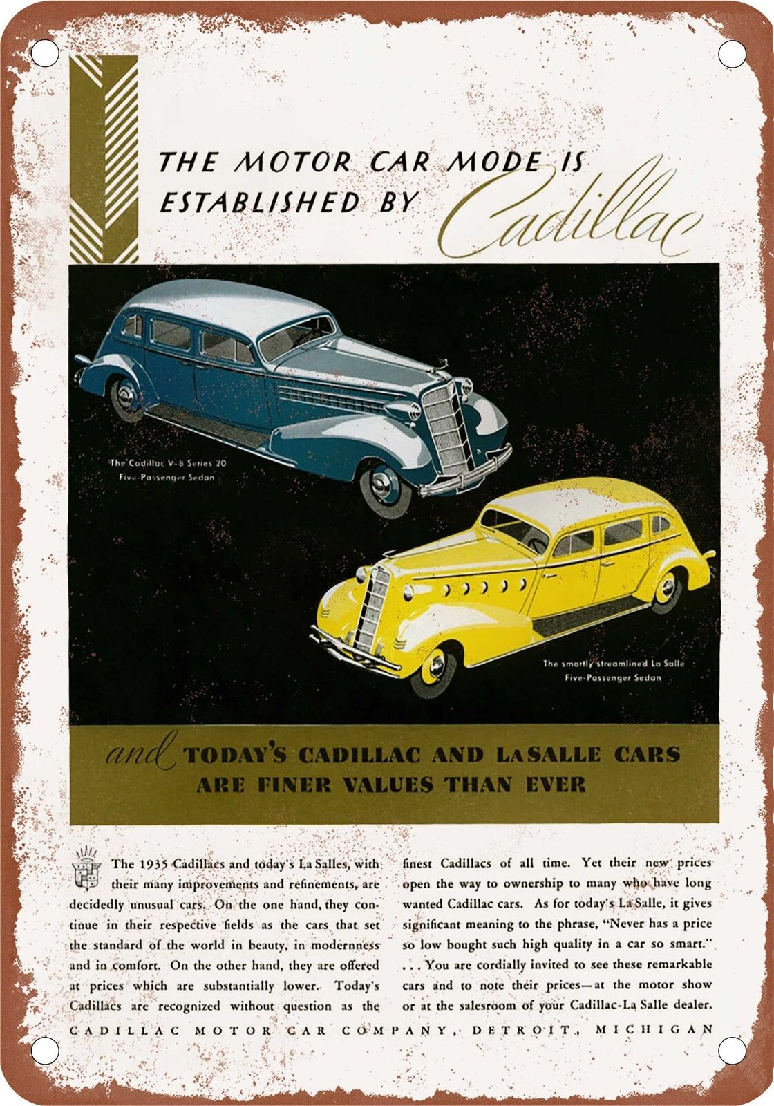 METAL SIGN - 1935 Cadillac Vintage Ad 01 - Old Retro Rusty Look