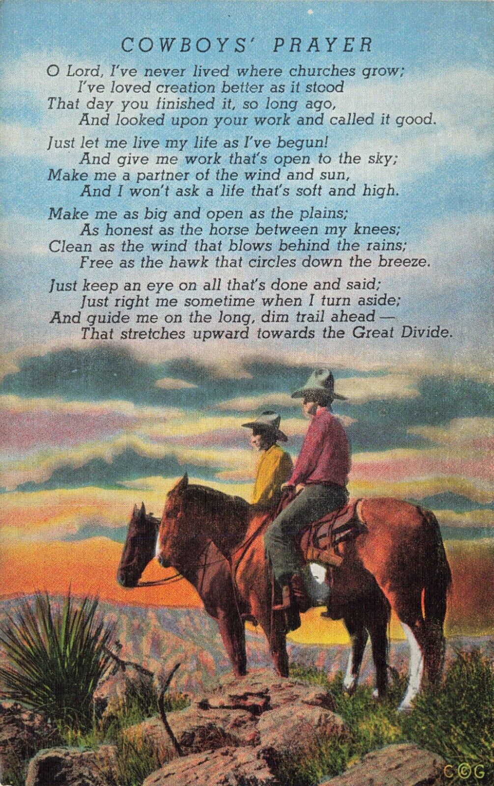 Postcard Western Art Cowboys Prayer Poem Badger Clark Linen UNP