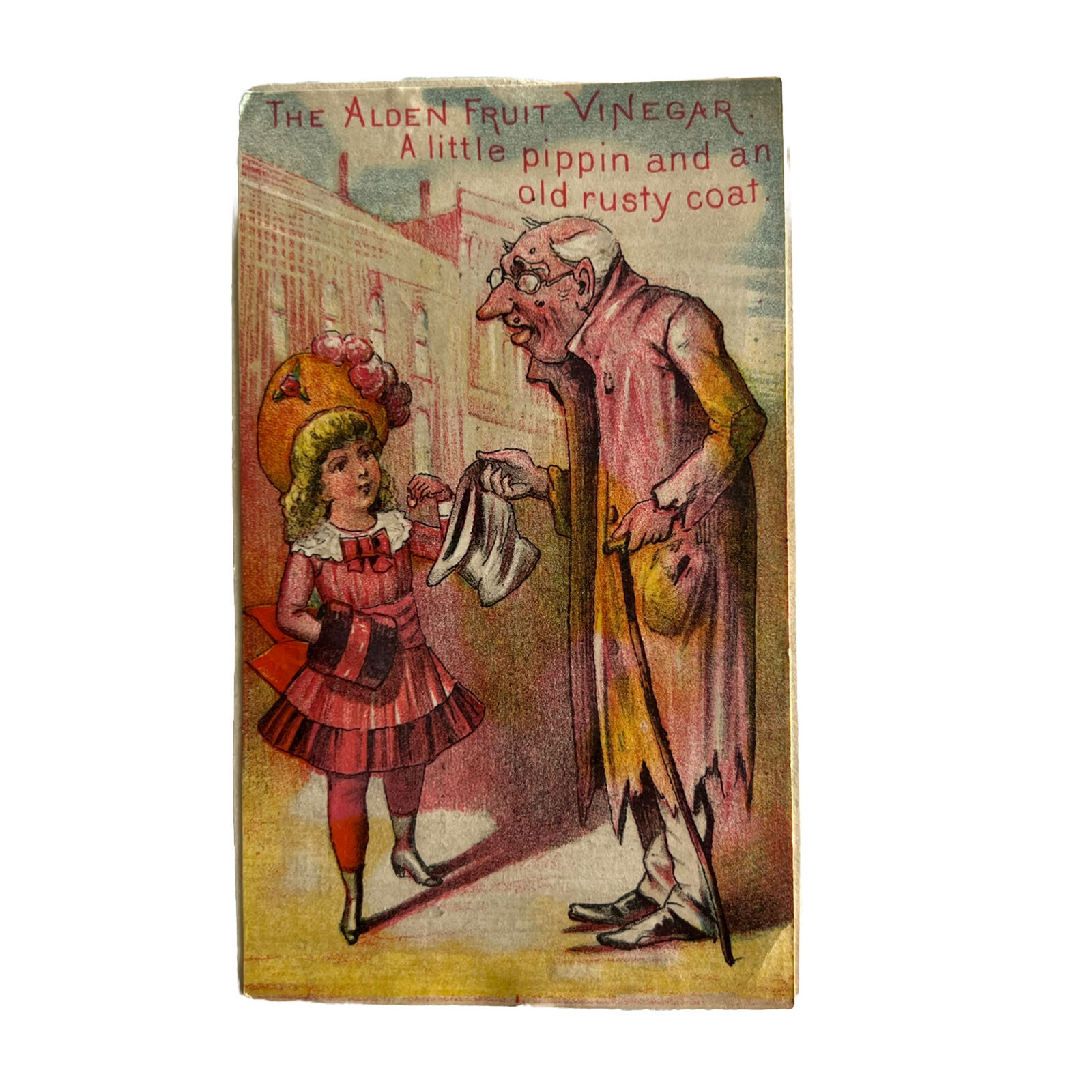 Victorian Advertising Trade Card Alden Fruit Vinegar Creepy Old Man Moles Girl