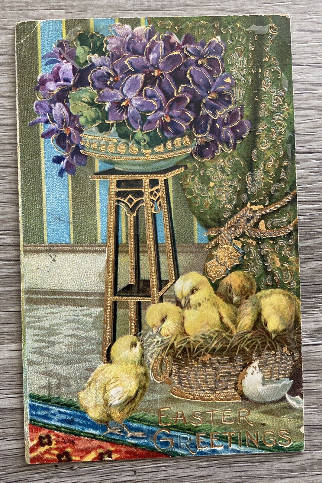 Vntg Gel Easter Postcard CHICKS Under Table Purple Flowers Gold Accents Embossed