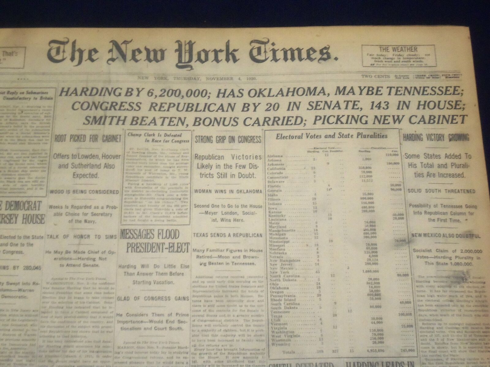1920 NOVEMBER 4 NEW YORK TIMES - HARDING BY 6,2000,000 - NT 8444