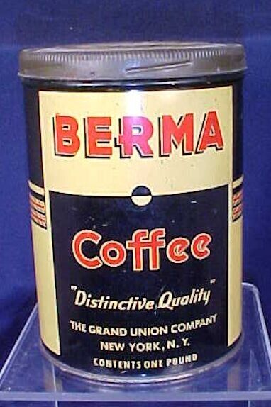 Vintage Berma Coffee Tin with Lid 1 Lb Grand Union Company New York