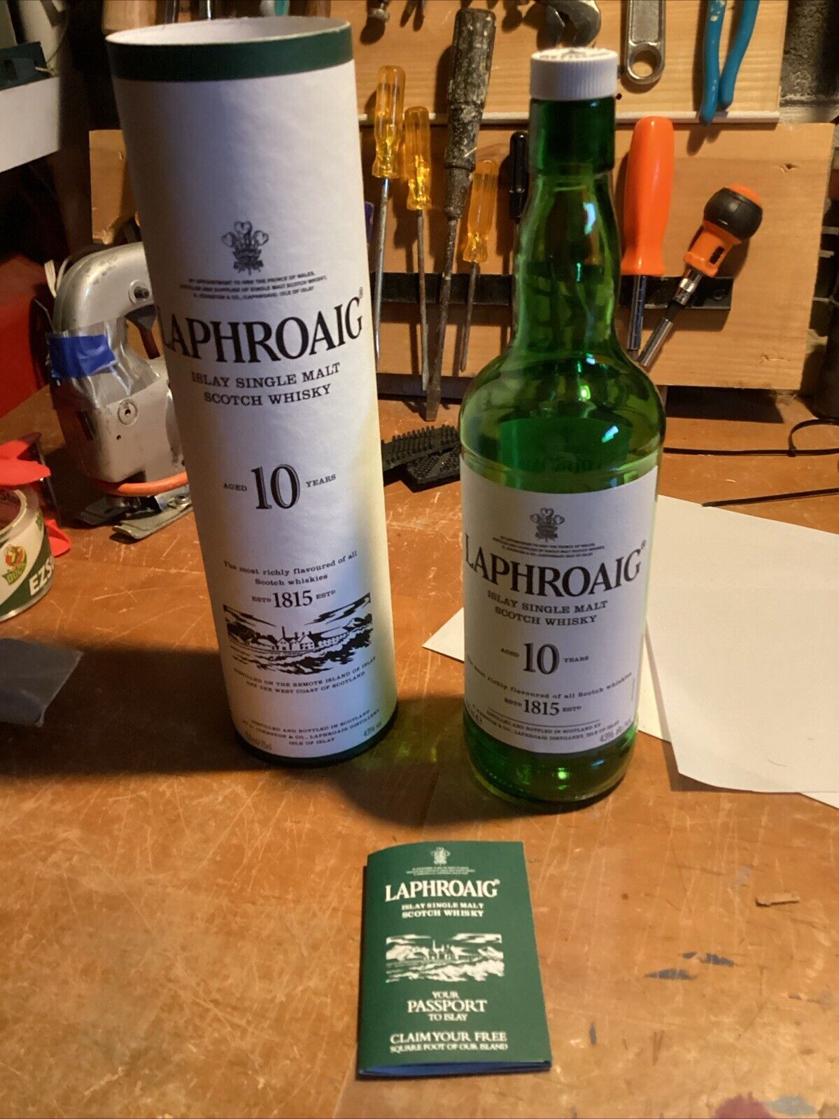 Laphroaig 10 Islay Single Malt Scotch Whisky Bottle -- empty with Tube