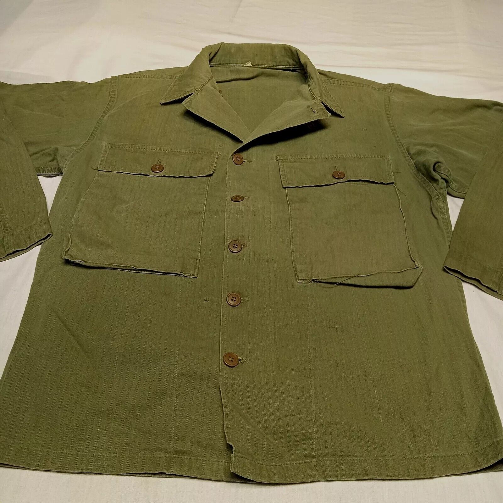 Vintage HBT Herringbone 38R Green US ARMY Military USMC Fatigue WWII Shirt