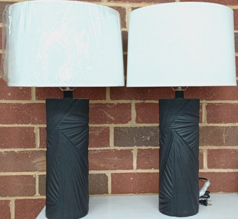 PAIR/SET (2) - BLACK GLASS TABLE LAMPS (ROBERT ABBEY)  INTRICATE PALM ENGRAVING