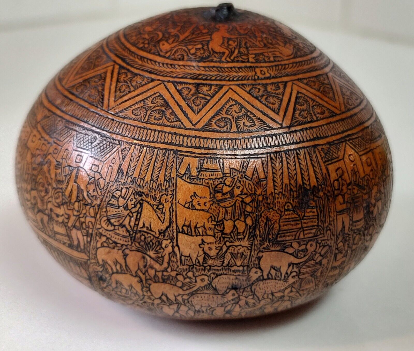 Vintage Peruvian Gourd Hand Carved Extreme Detail Signed Market Scene Festival 