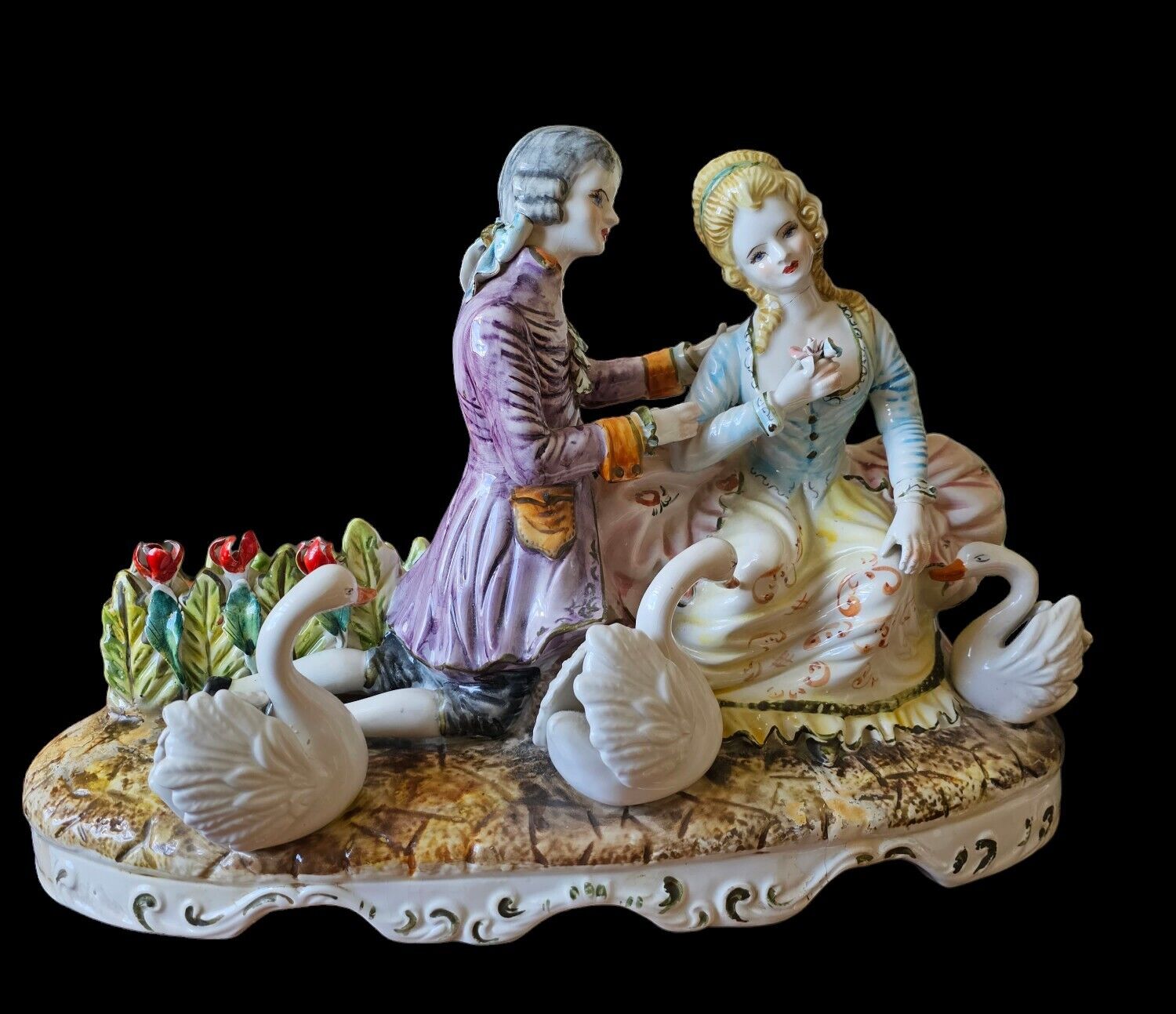 Capodimonte Couple Figure - Couple Lovers Scene - Garden with Swans Figurines -