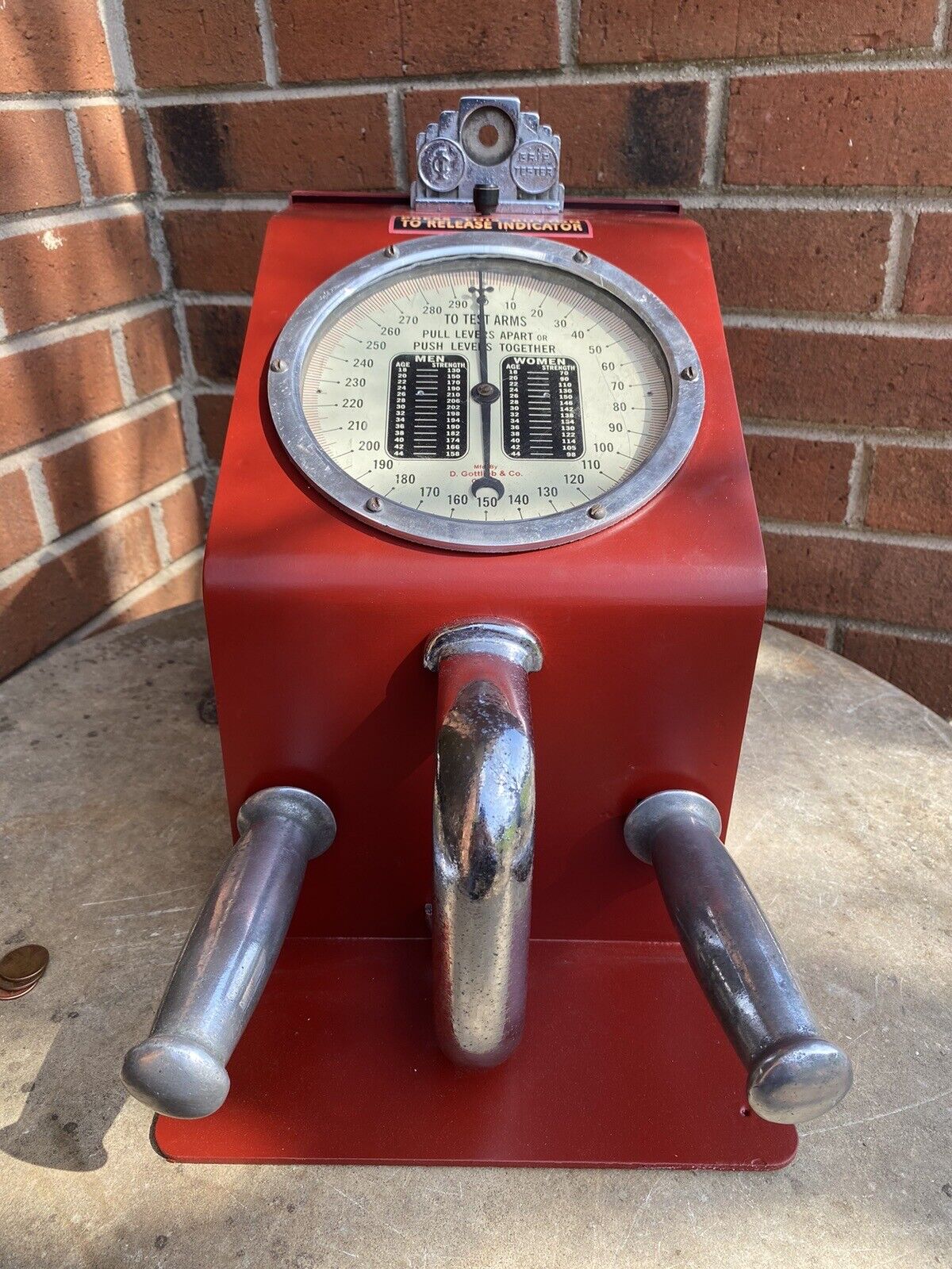 Vintage D. Gottlieb 1 Cent Coin Operated Grip Strength Tester Machine, Works..