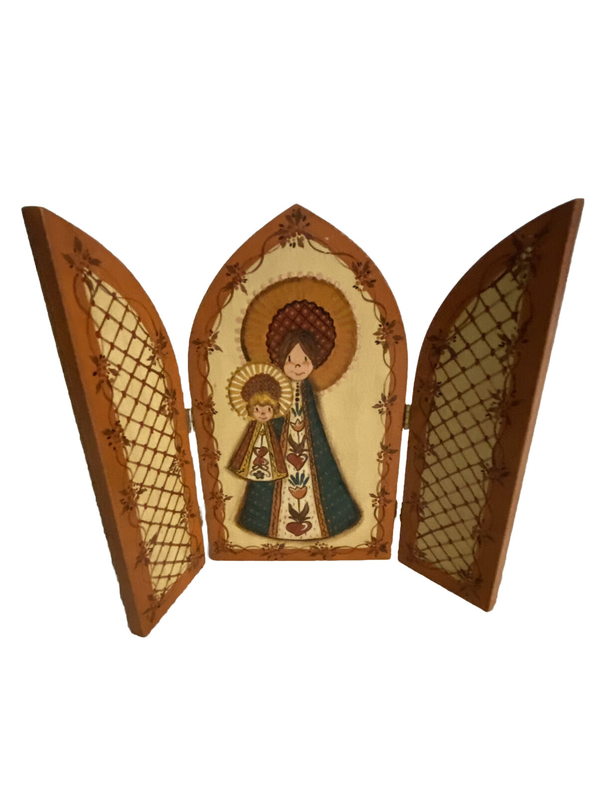 Madonna and Child Vintage Hand Painted Wood Hinged Door Alter Shrine 9\
