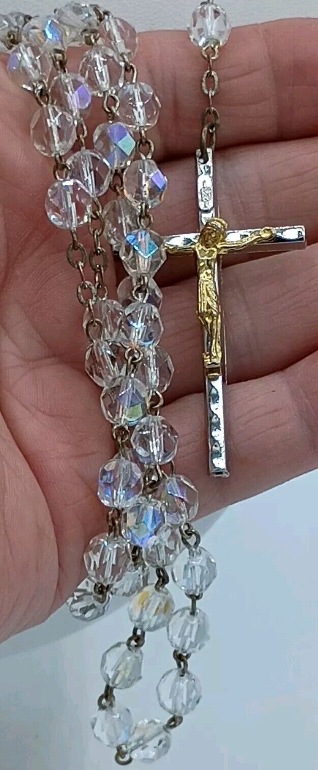 VTG Rosary Catholic Italy Religious Relic Silver Gold Crucifix Cross AB Crystal 