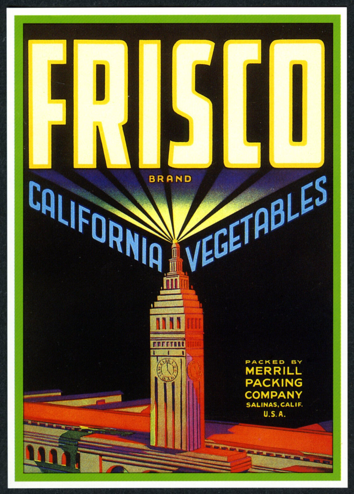 FRISCO~SAN FRANCISCO FERRY BUILDING~HISTORICAL CRATE LABEL ART~NEW 1981 POSTCARD