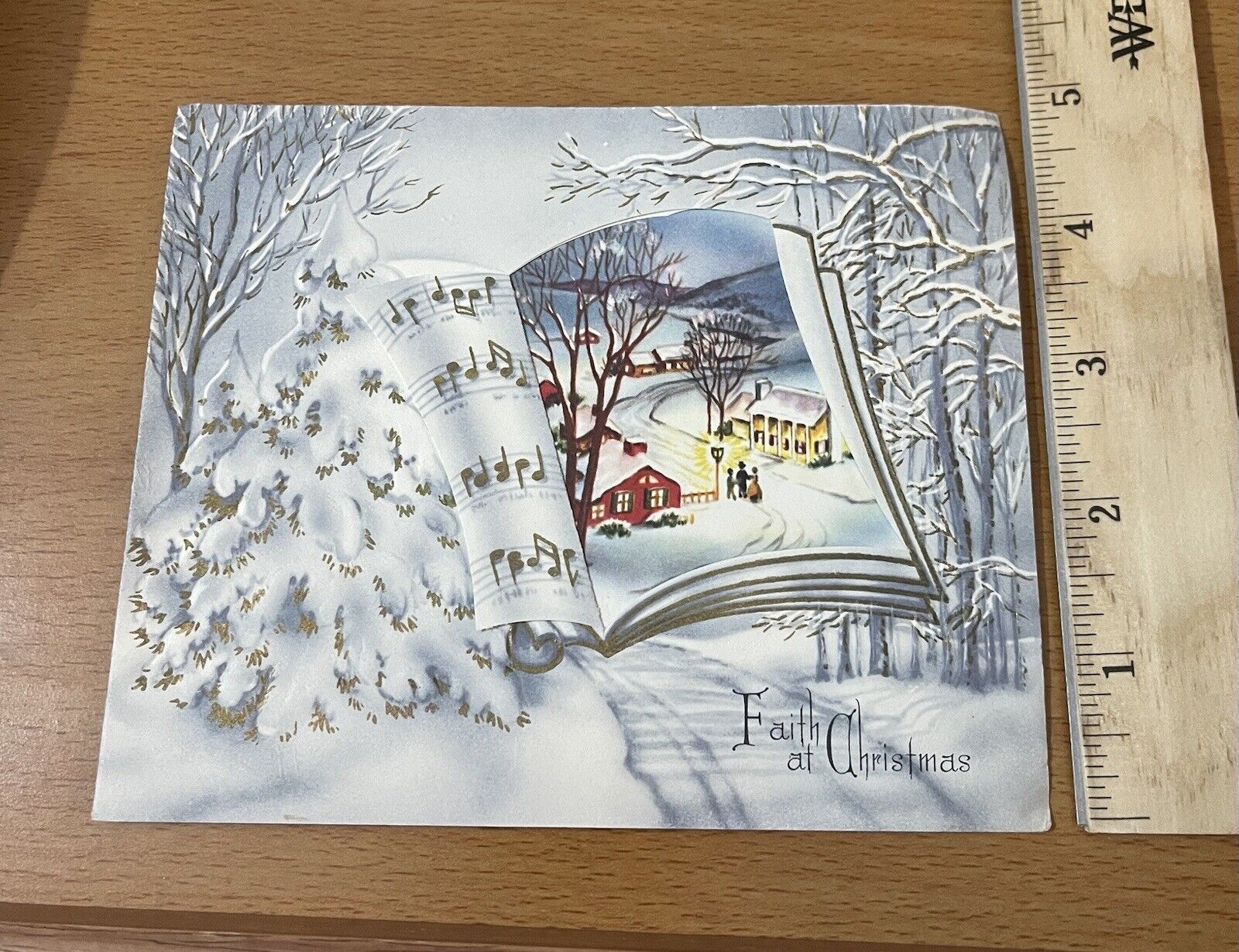 Vintage Christmas card MCM Faith music book reveals snowy homes
