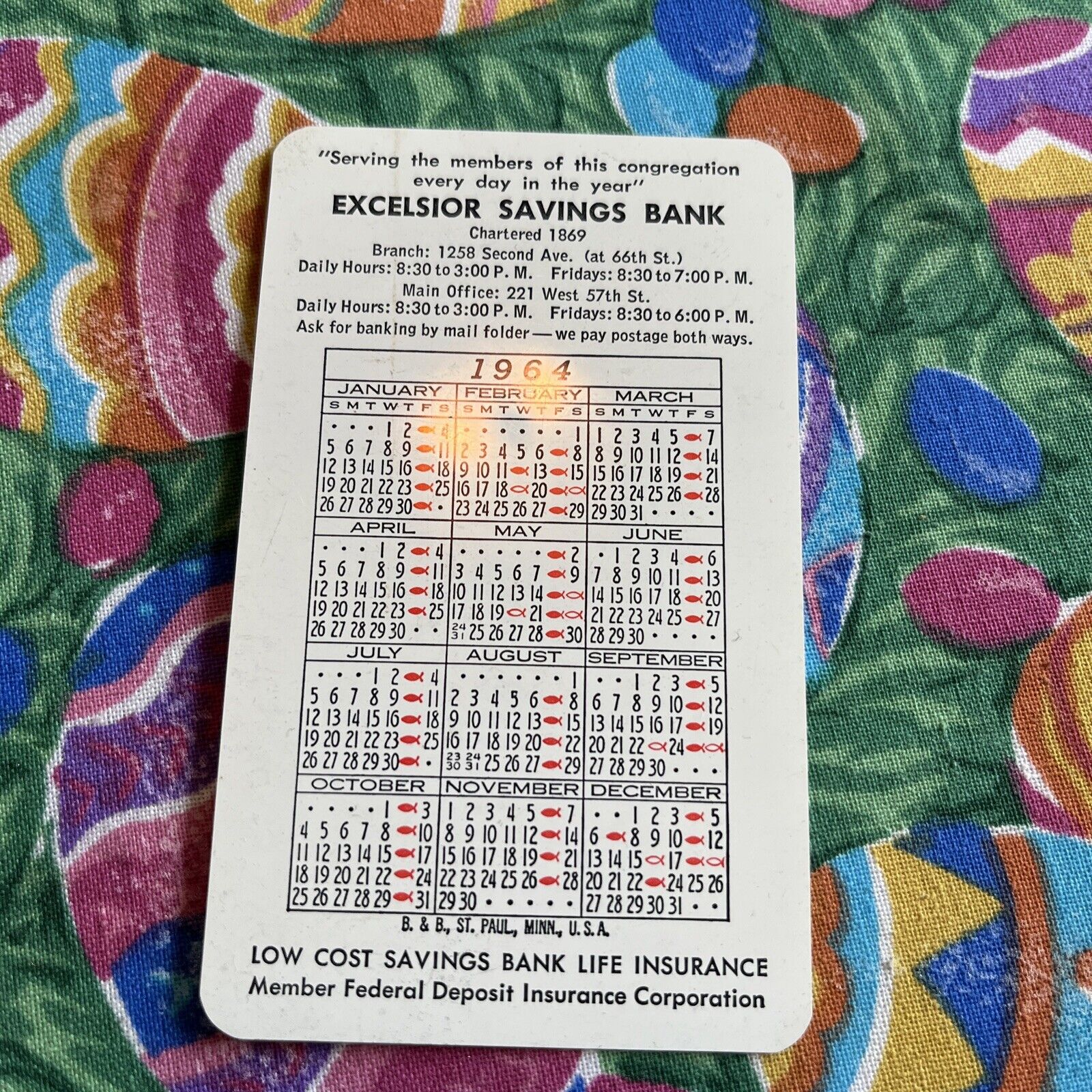 1964 Excelsior Savings Bank Wallet Calendar
