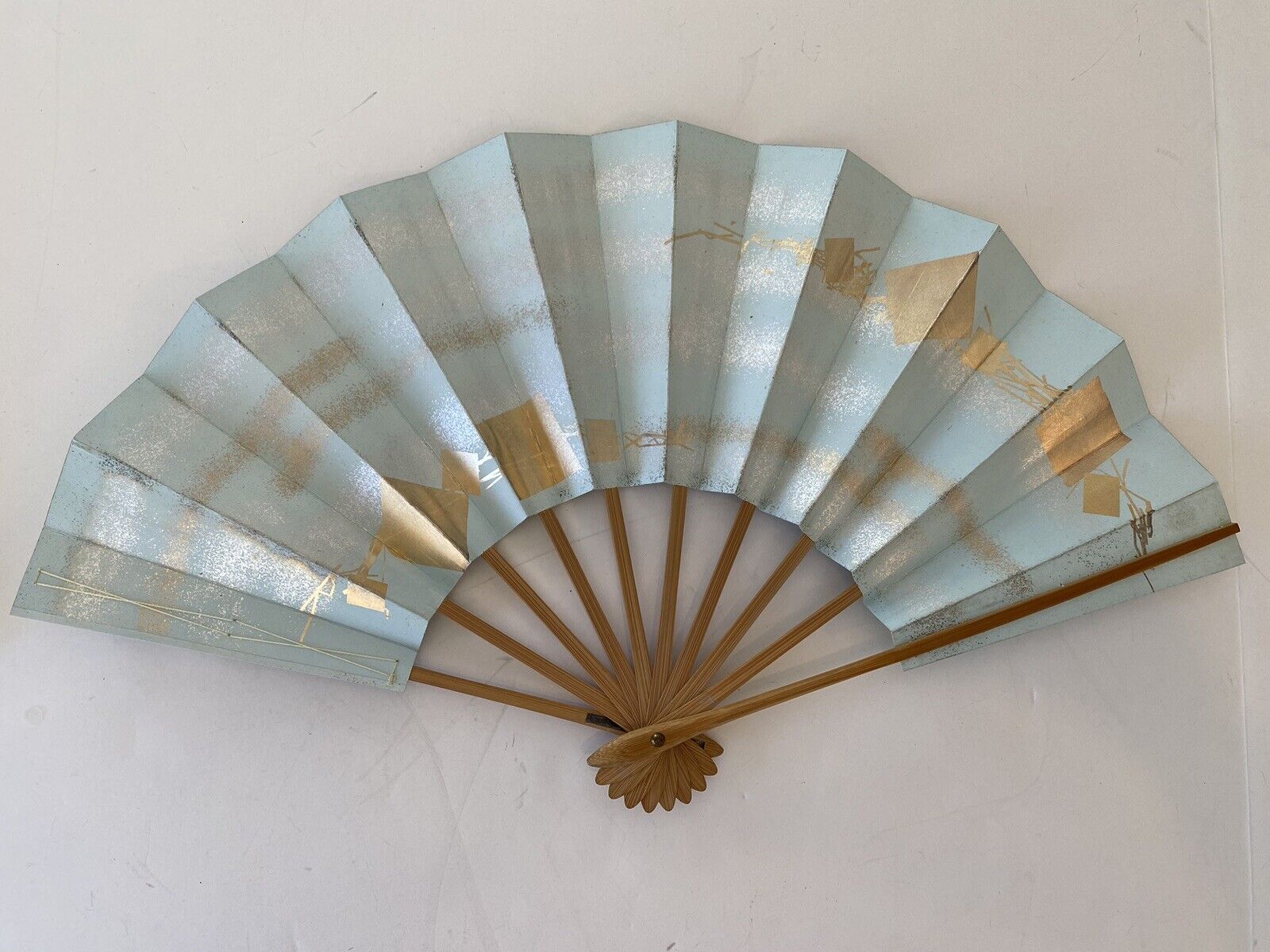 Folding Fan Pale Blue and Gold Hand Painted Vintage Japan Kyo Sensu Orig Box