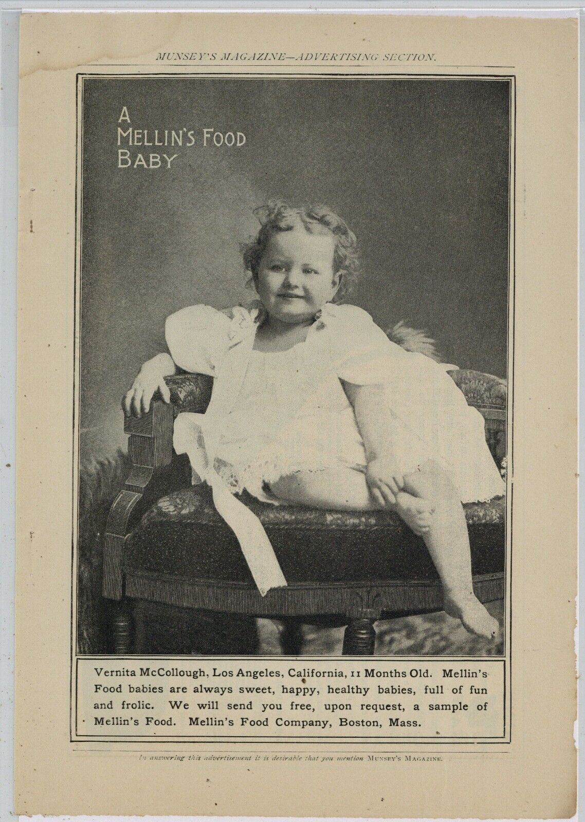 1899 Mellin\'s Food Co. Ad: Vernita McCollough, Los Angeles - Mellins Food Baby
