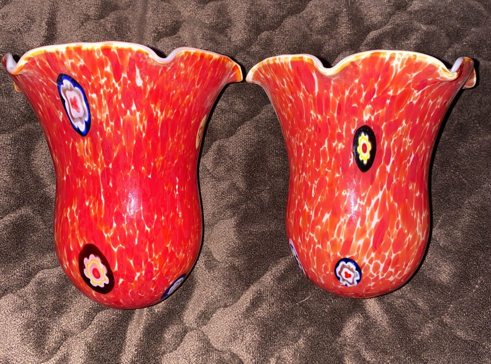 Glass Globes Orange With Millefiori Designs Inserted Ruffle Tulip 2 piece