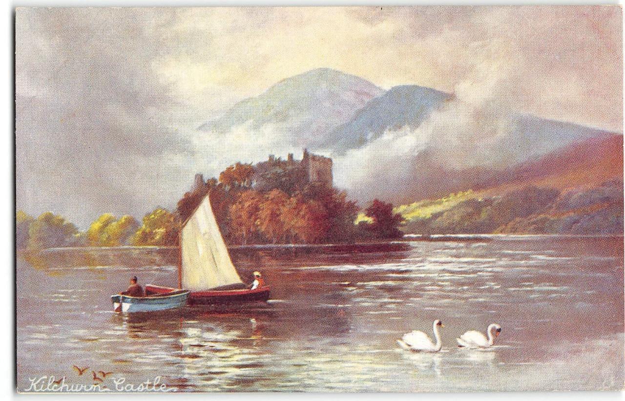 Scotland KILCHWIN CASTLE Loch Awe Boats Tuck Oilette Art 1910s Vintage Postcard
