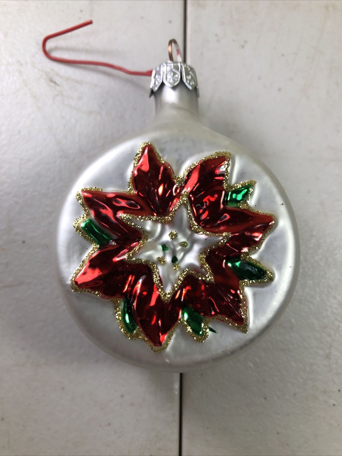 Vintage Poland Blown Glass Double Sided Poinsettia Ornament Christmas 3.25\