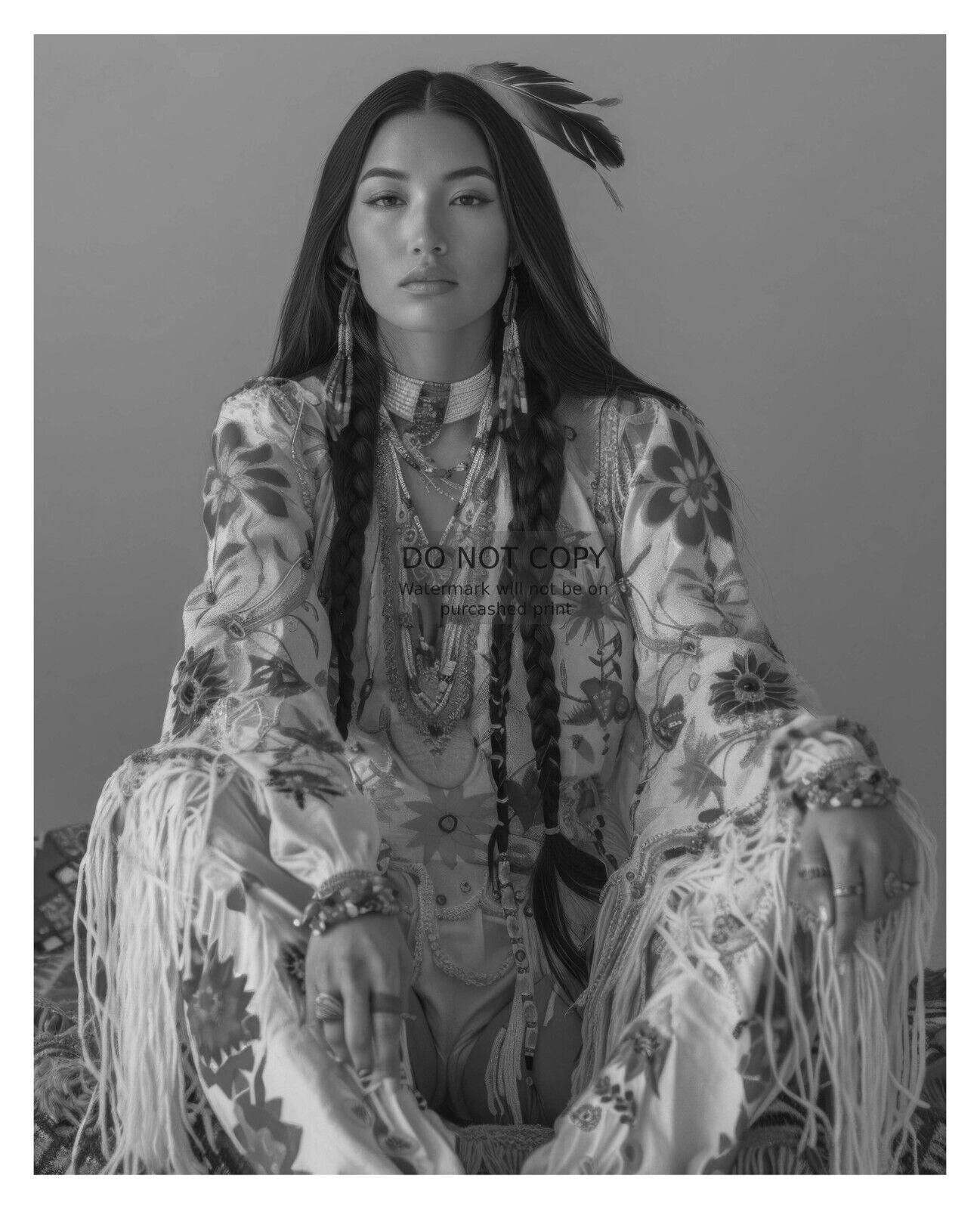 GORGEOUS YOUNG NATIVE AMERICAN LADY FANCY CLOTHING 8X10 FANTASY B&W PHOTO