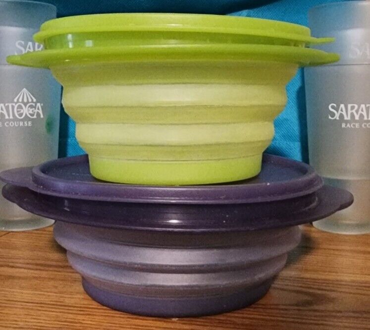 Tupperware Flatout Collapsible Bowl Set Of 2 Purple 5453A & Green 5452A -MC2