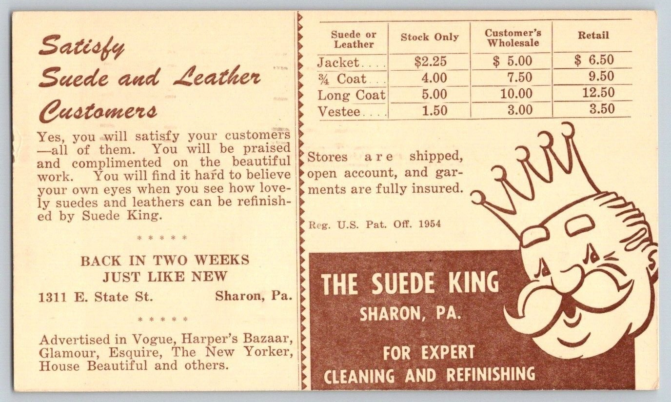 1950\'s Advertising Postcard~ The Suede King~ Sharon, Pennsylvania~ PA