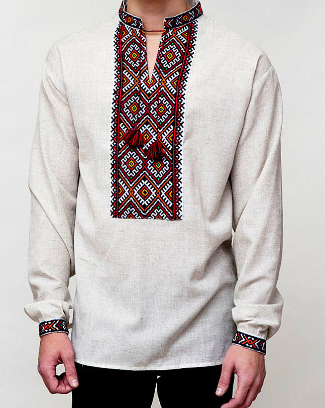 Ukrainian Vyshyvanka for man shirt beige Embroidered Linen satin stitch