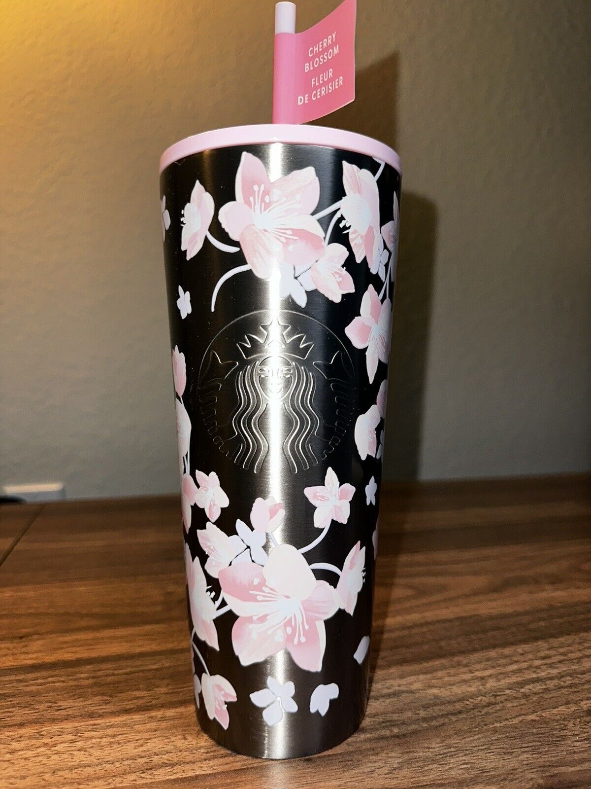 Starbucks 2024  Tumbler 24oz Light Pink Silver Floating Cherry Blossom Flower