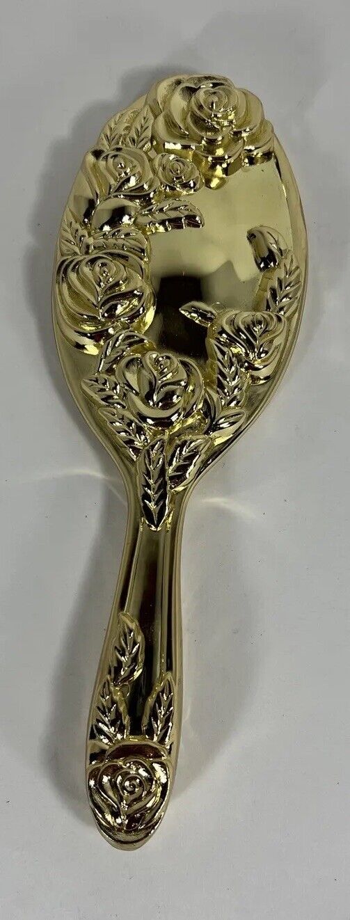 VINTAGE Godinger Gold Color-Plated Hair Brush Case Rose Design Vanity Floral