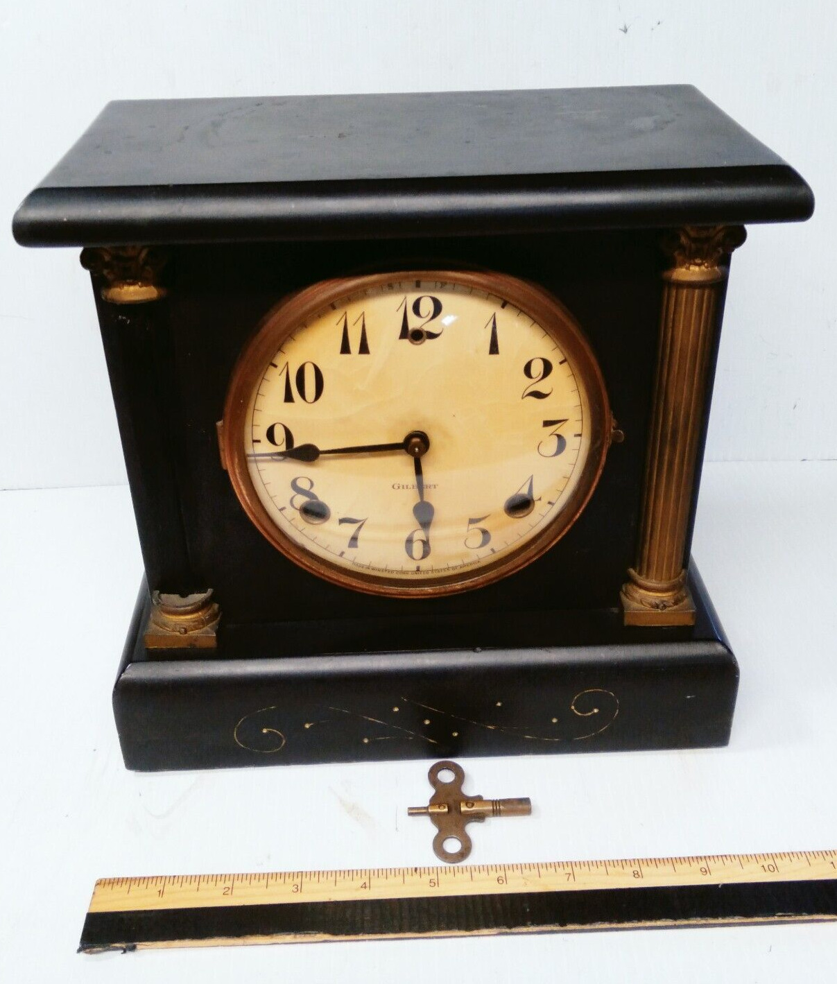 Working Antique Black Wood 1921 Gilbert Mantel Clock with key, hands, door & bob
