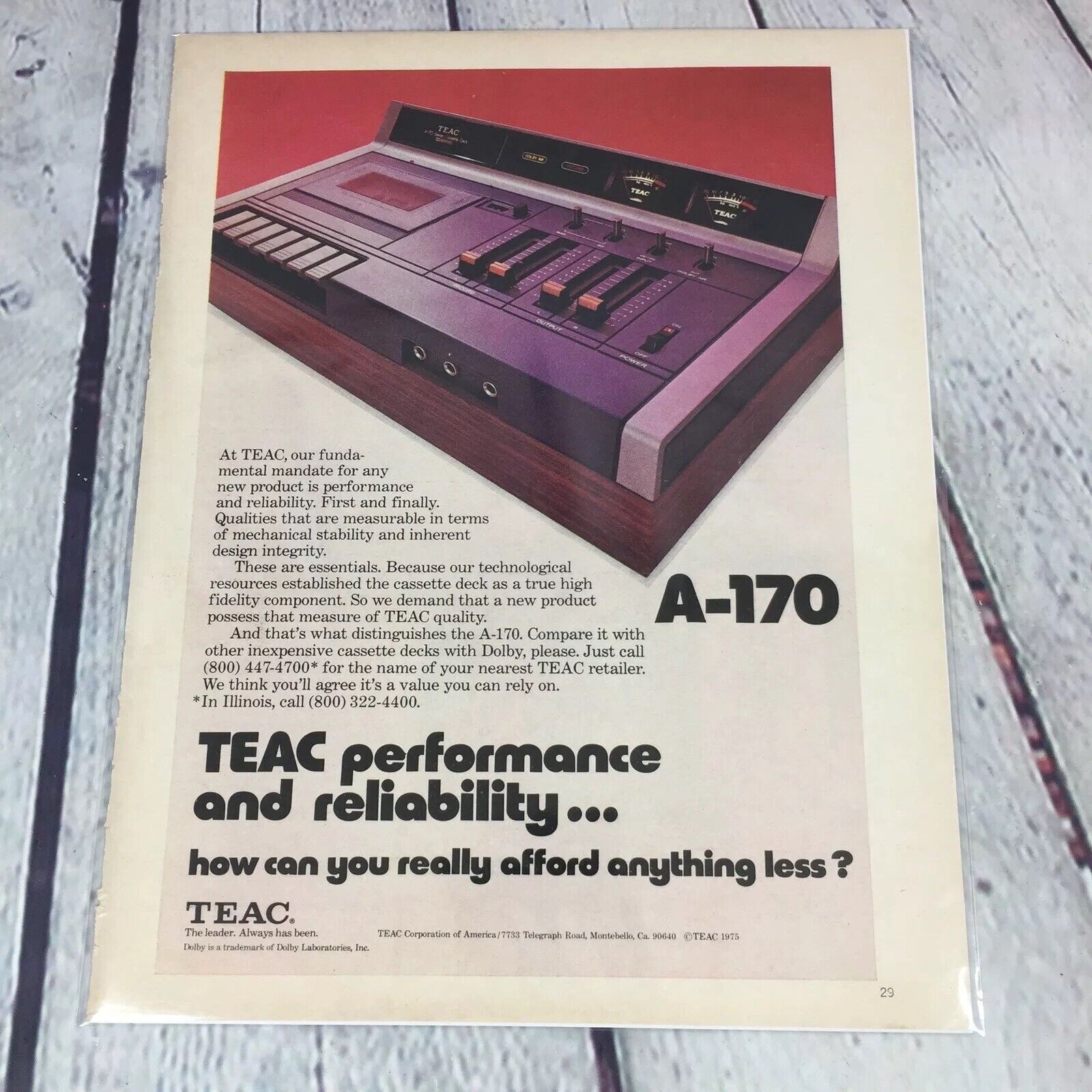 Vintage 1975 Print Ad TEAC A-170 Cassette Deck Magazine Advertisement Ephemera
