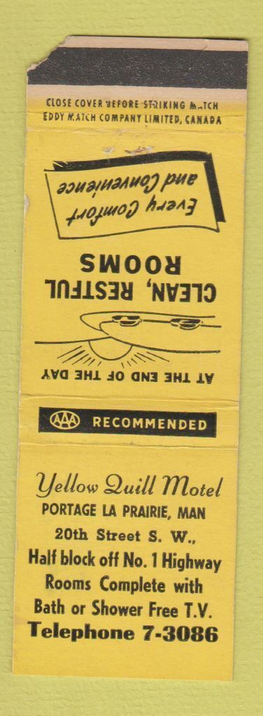 Matchbook Cover - Yellow Quill Motel Portage La Prairie MB WORN