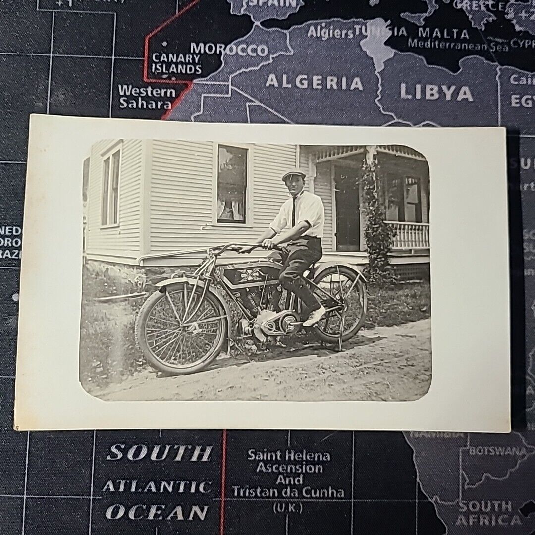 1913 Excelsior Motorcycle Man on Bike Early RPPC Real Photo Postcard Original 