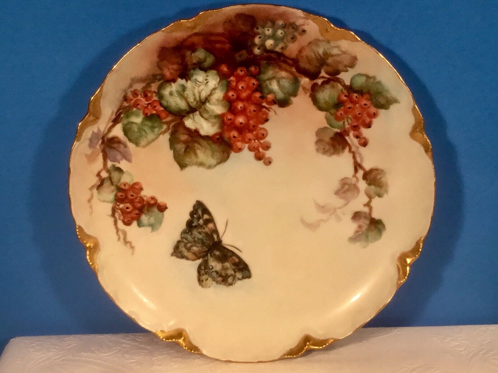 Antique Plate Hand Painted Limoges Red Currant Berries & Butterfly Cabinet Plate