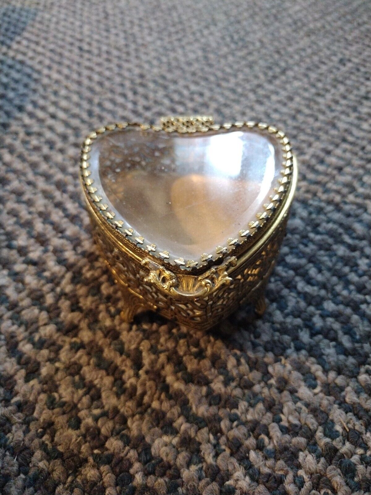 Metal Filigree Beveled Glass heart Jewelry Trinket Box