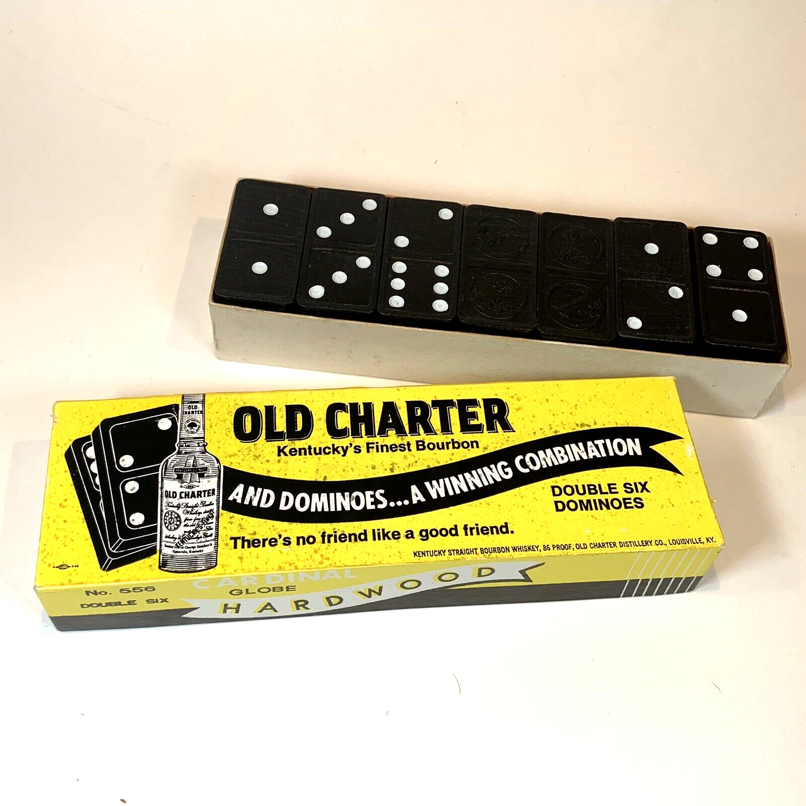 VTG 60s Old Charter Kentucky Bourbon / Cardinal Globe Hardwood Dominoes Set #556
