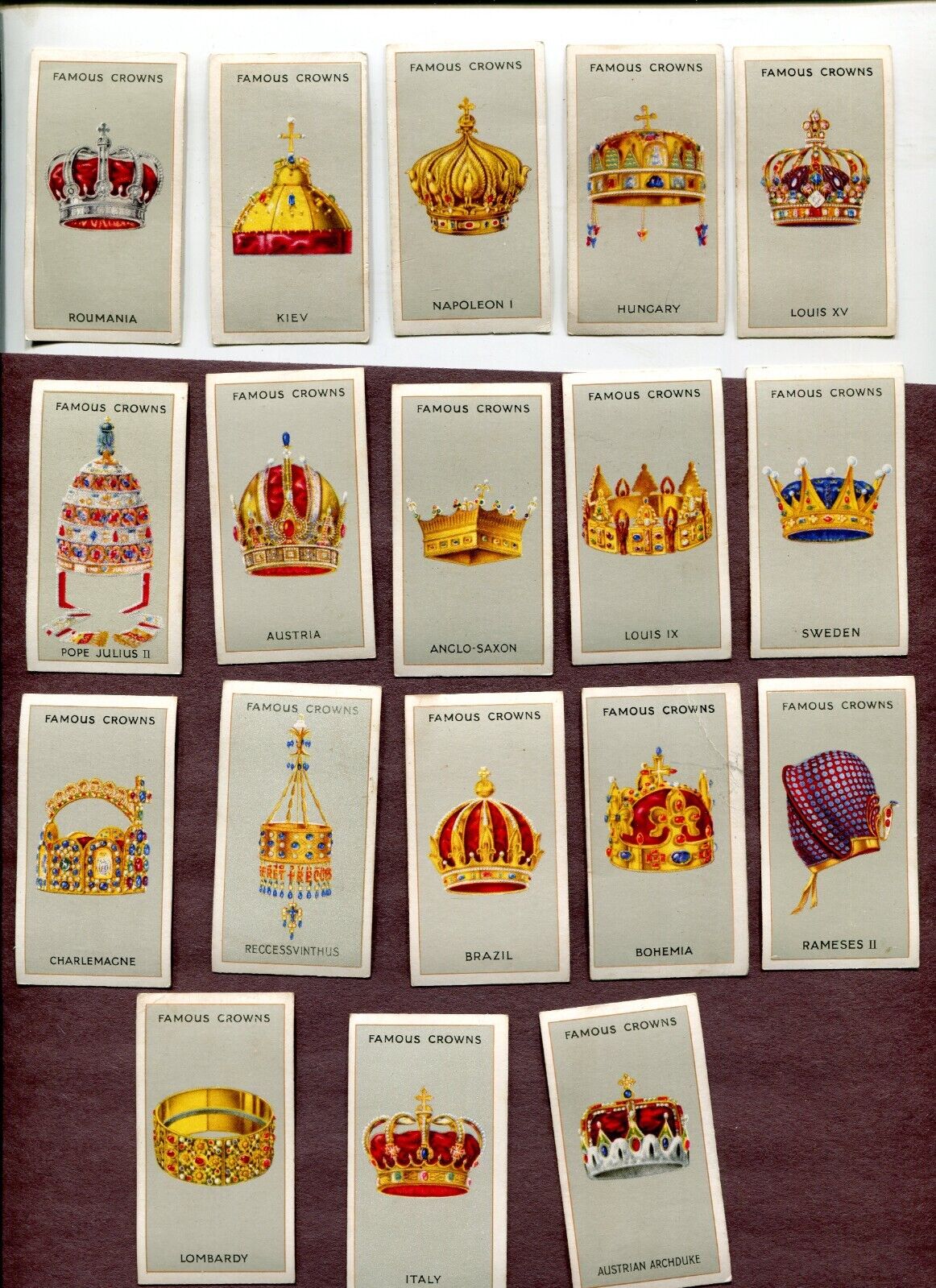 1938 GODFREY PHILLIPS CIGARETTES FAMOUS CROWNS 18 TOBACCO CARD LOT