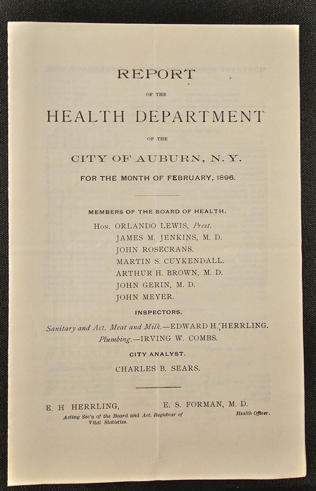 February 1896 Health Dept Mortuary Report Auburn, NY Deaths & Diseases