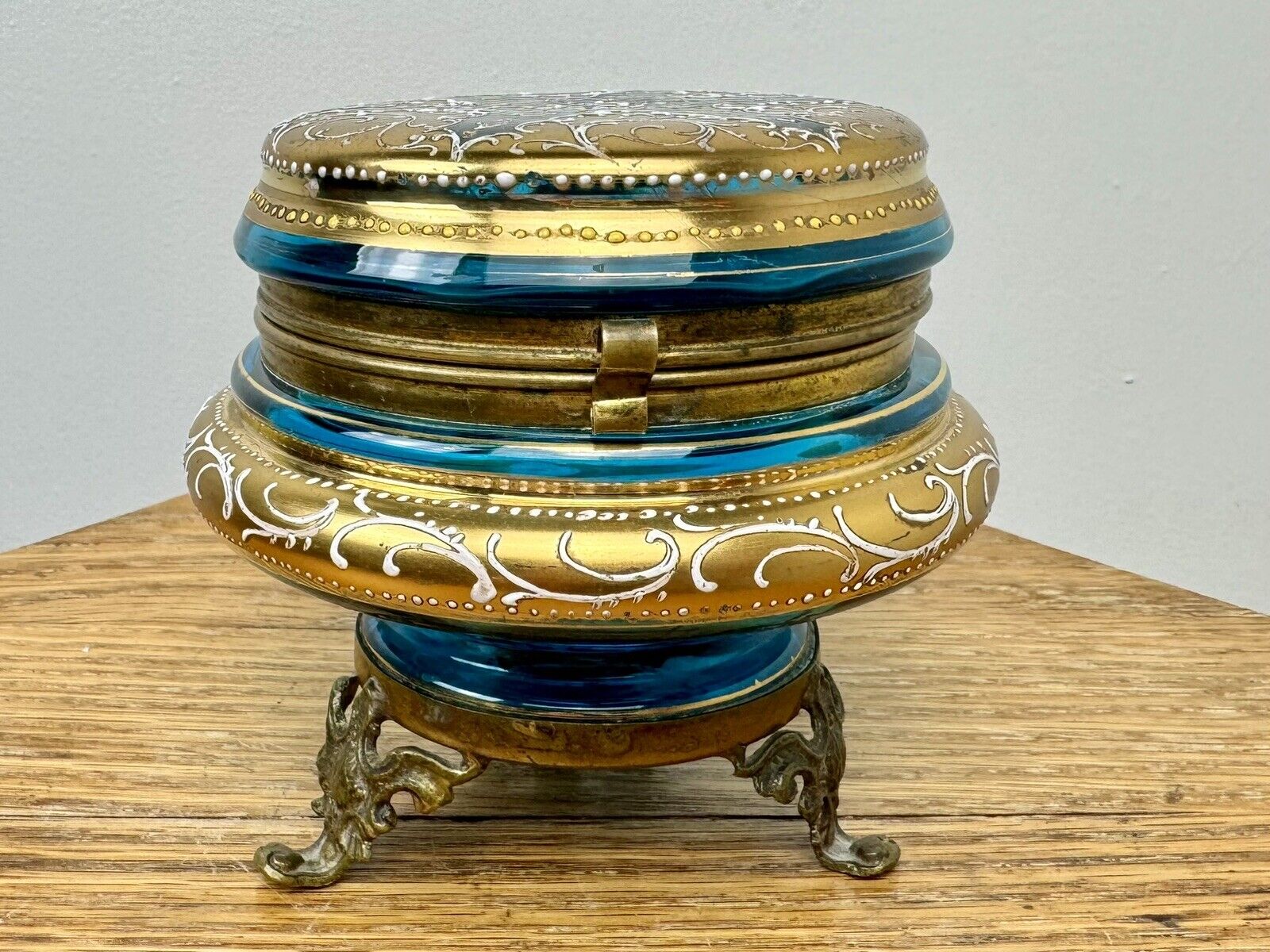 Antique Victorian Blue Glass Dresser Box Gold Painted Niagara Falls Souvenir