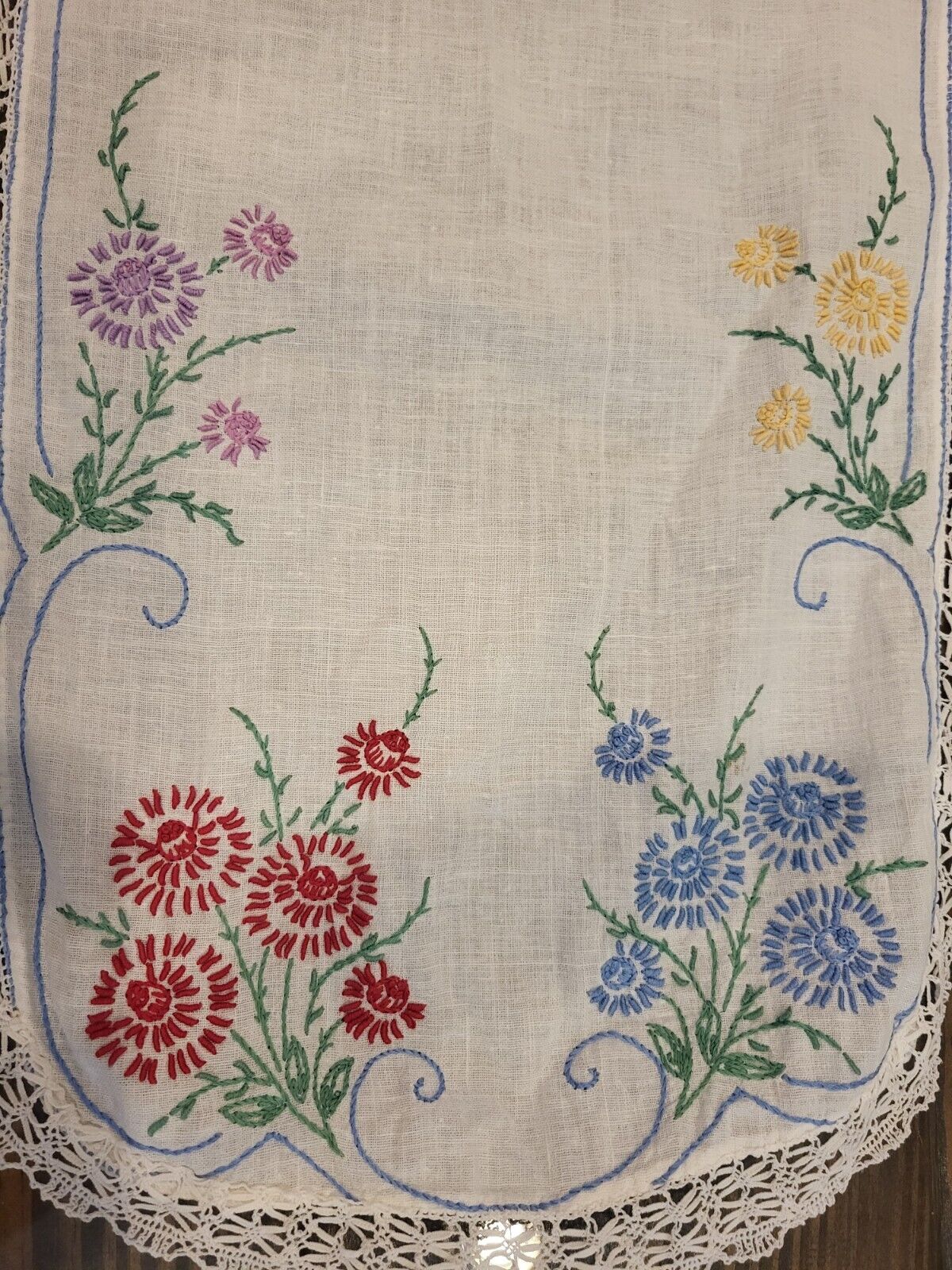 Vtge Handmade Embroidered Red Blue Green Purple Floral Table Runner Scarf