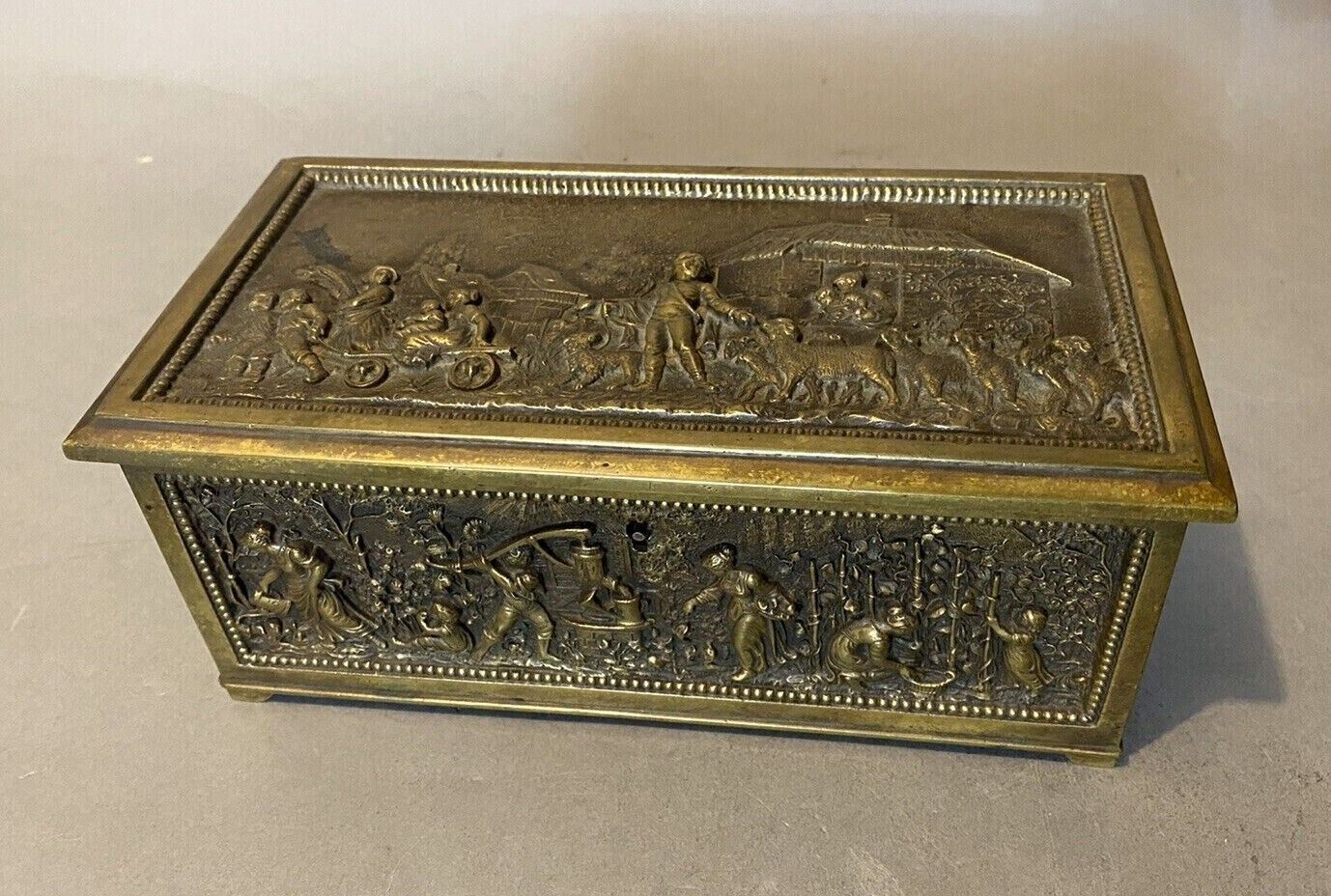 Antique Victorian Decorated Bronze Keepsake Box with Old World Village Scenes
