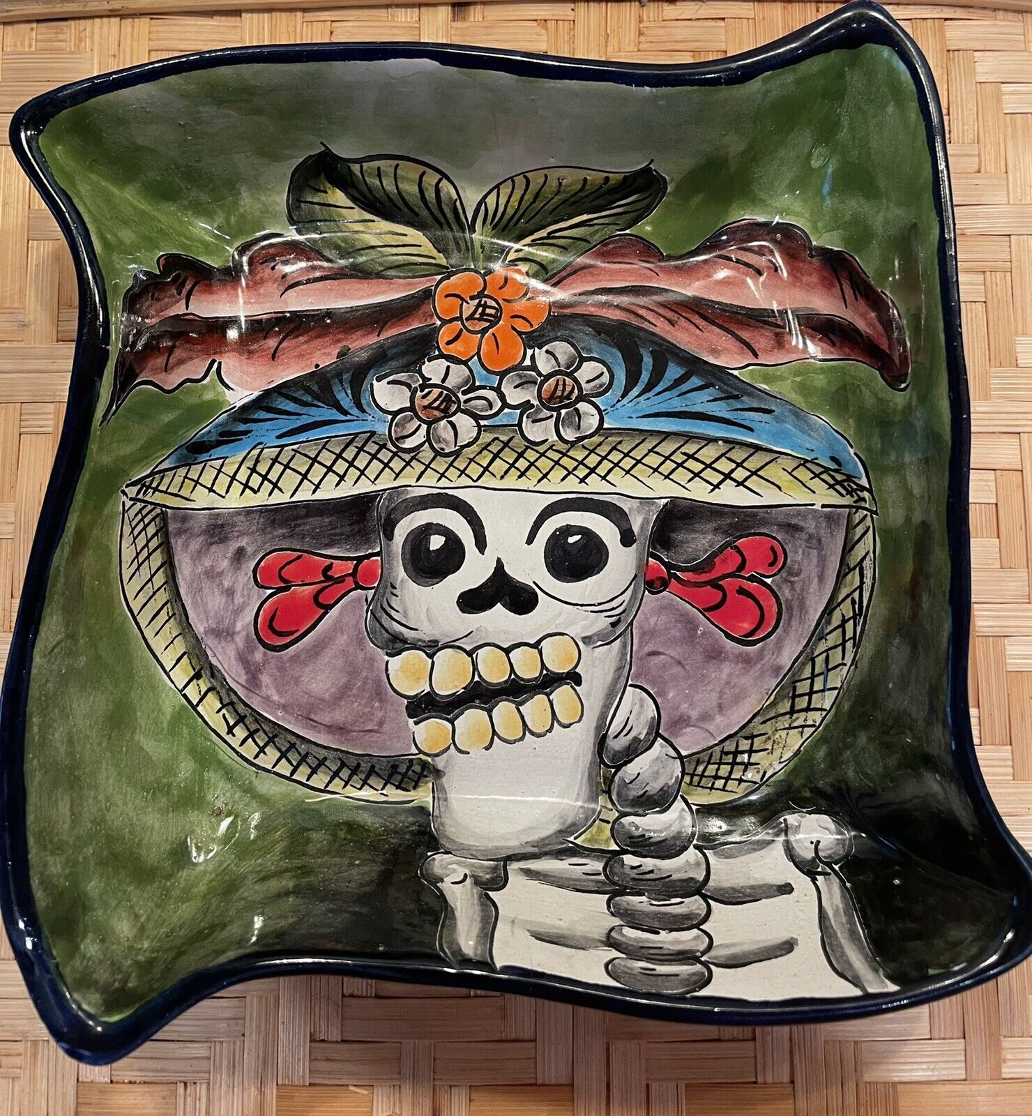Majolica Mexico Vintage“Day Of The Dead”Serving Tray- Very Unique- Whimsical
