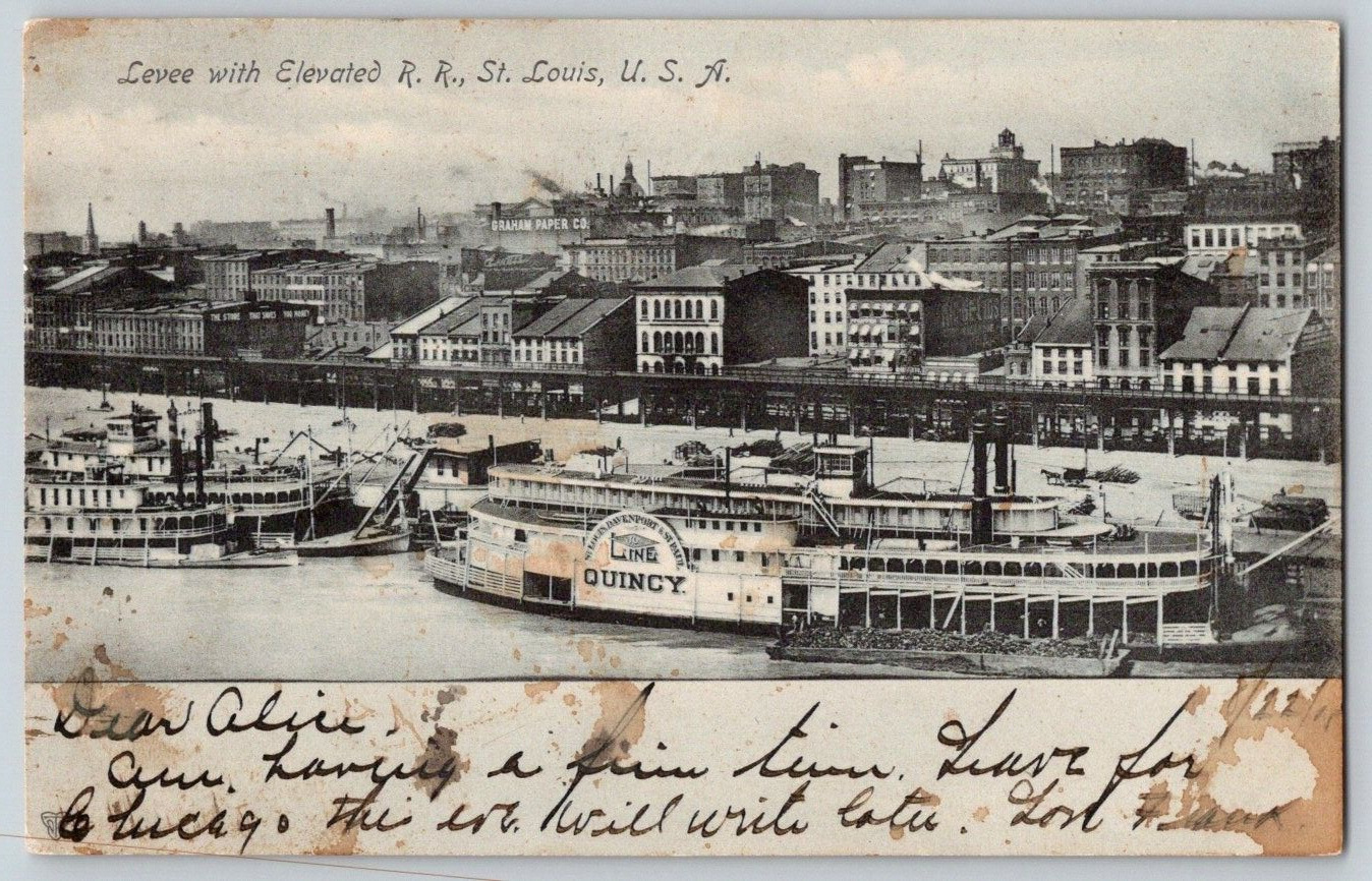 Undivided Back Postcard~ Levee & Elevated Railroad~ Quincy Riverboat~  St. Louis