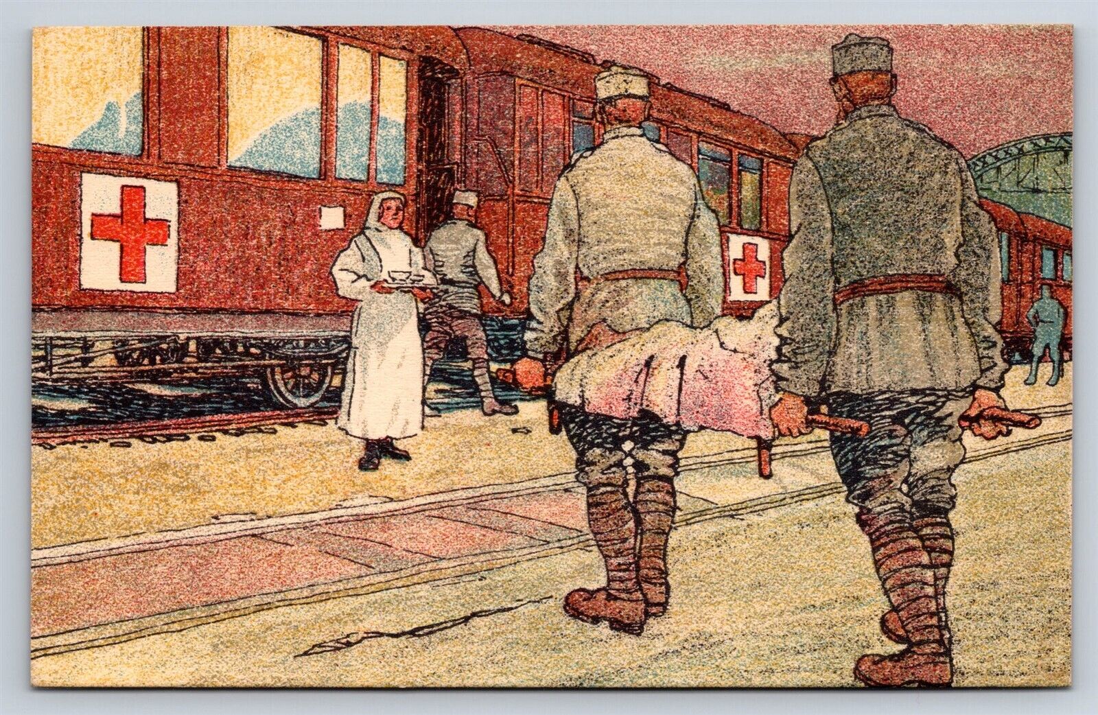 Railroad Postcard WWI German Art Red Cross Wounded To Train Balkanzug Haase AT14