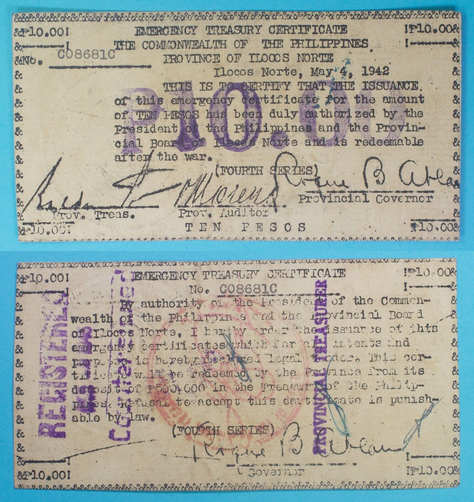 1942 Philippines ~ Ilocos Norte 10 Pesos ~ WWII Emergency ~ AU+ ~ ILC-168 ~ 681C