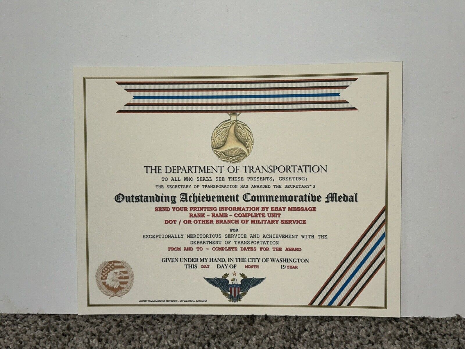 D.O.T. OUTSTANDING ACHIEVEMENT COMMEMORATIVE MEDAL CERTIFICATE ~ W/PRINTING T-1