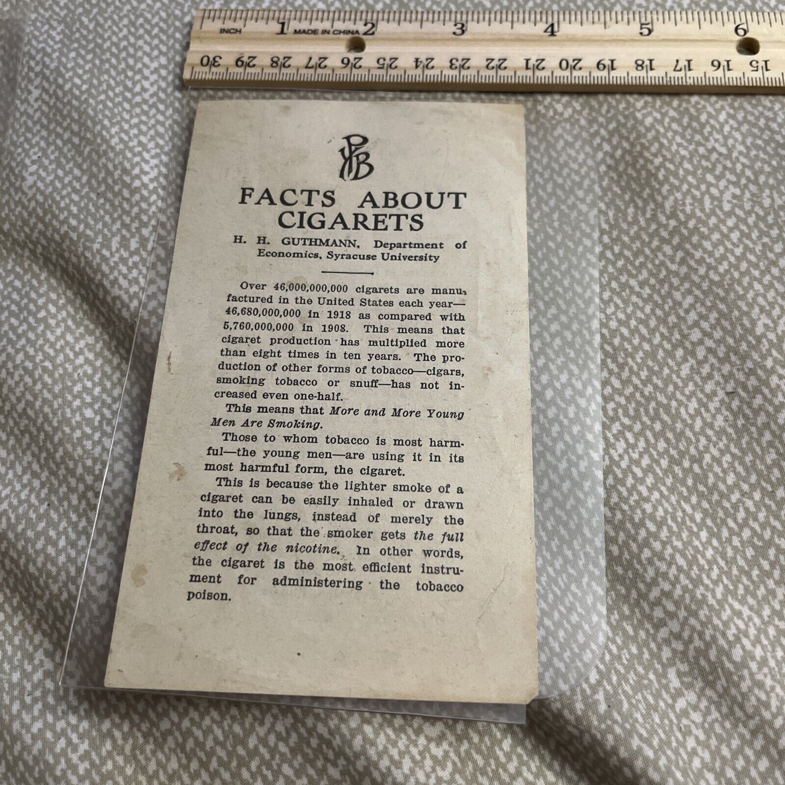 Antique Ad Pamphlet: Facts about Cigarets Cigarettes H Guthmann - 1918 Data