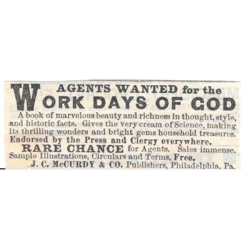 Work Days of God Salesmen J.C. McCurdy & Co Philadelphia - Ad 1878 TJ7-L2-4