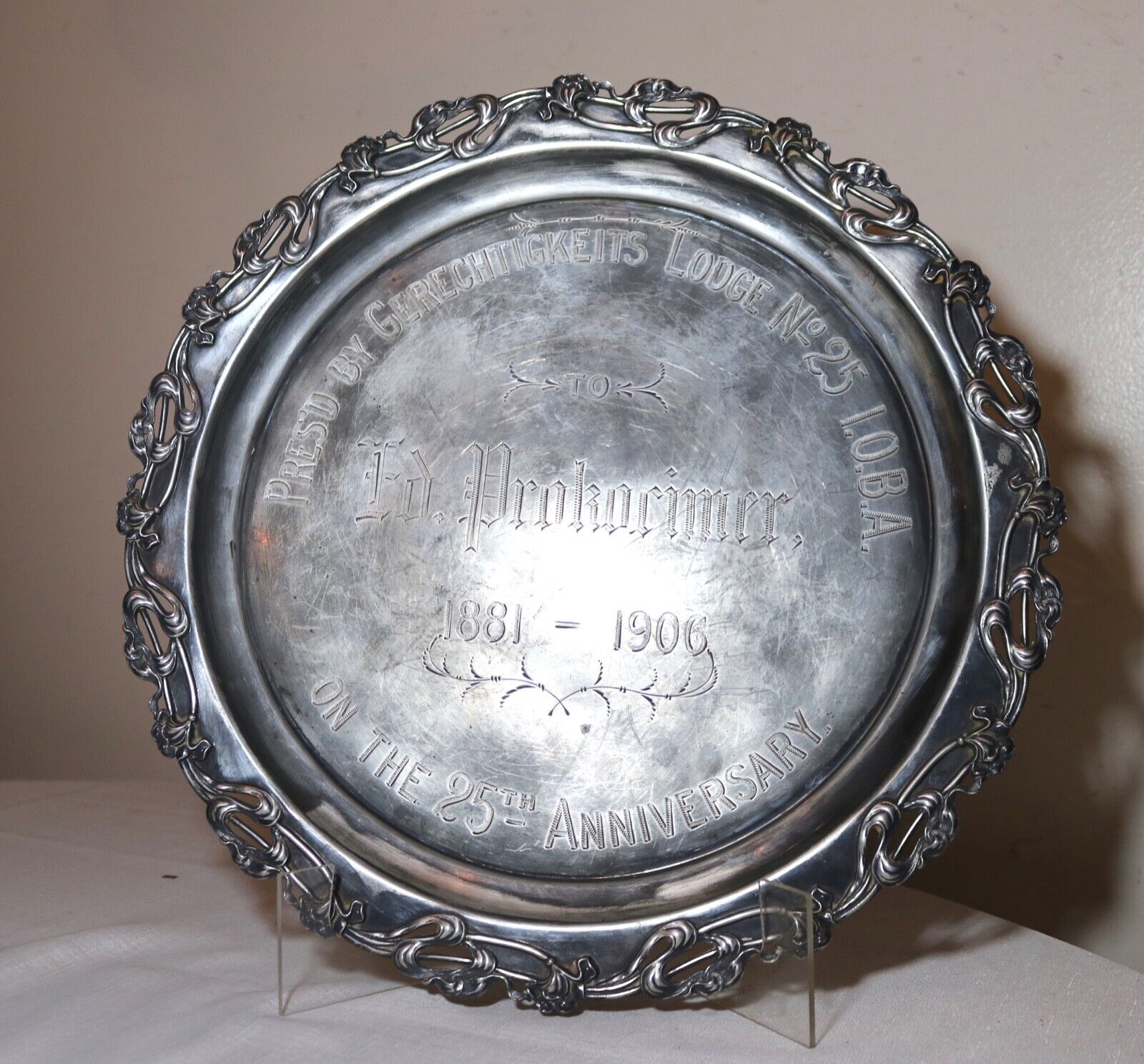 BIG antique 1881 ornate Art Nouveau Masonic silver-plate lodge award trophy dish